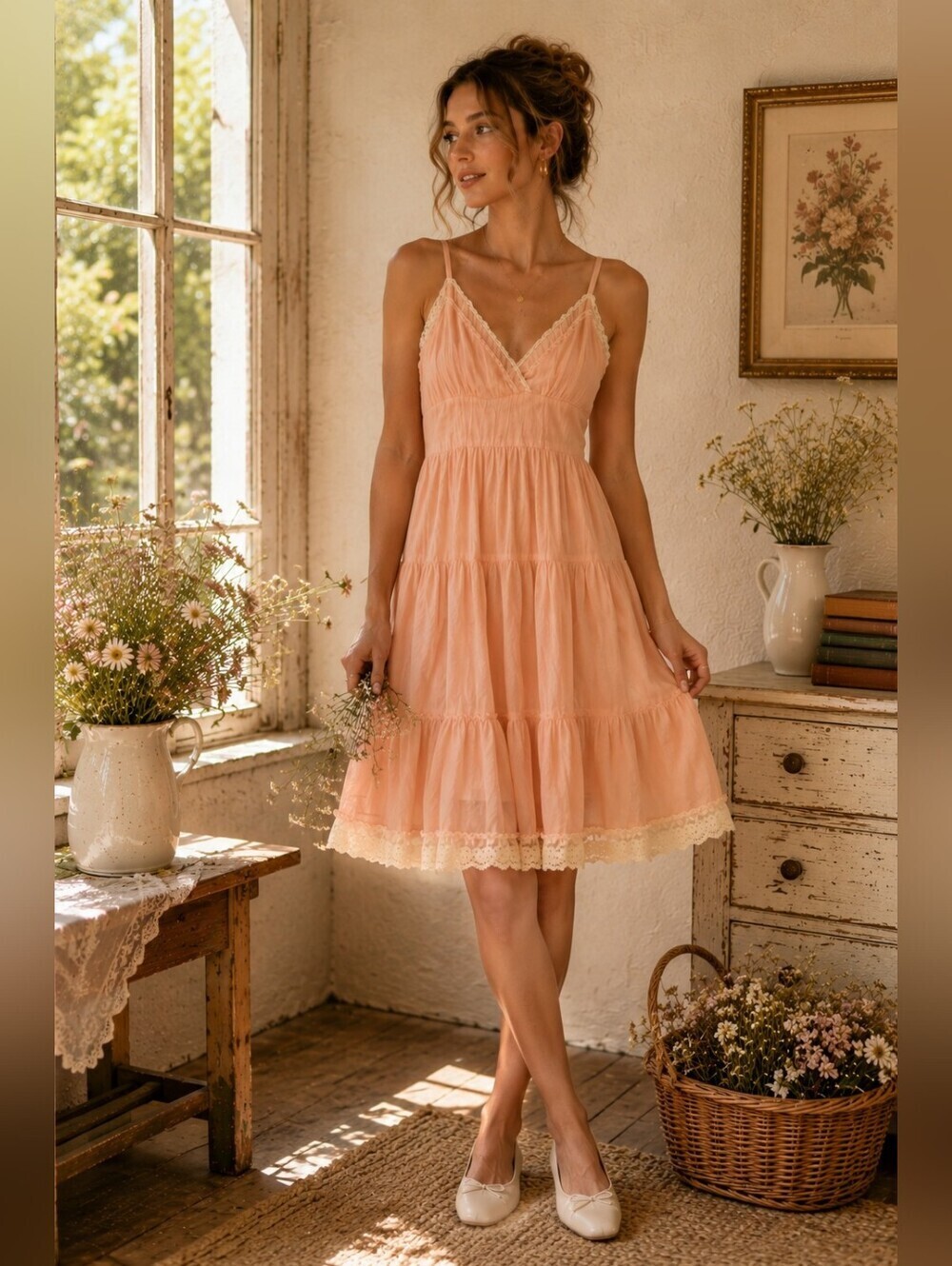 Fire Los Angeles Peach Babydoll Dress Lace Trim Tiered Mini Y2K Coquette Small